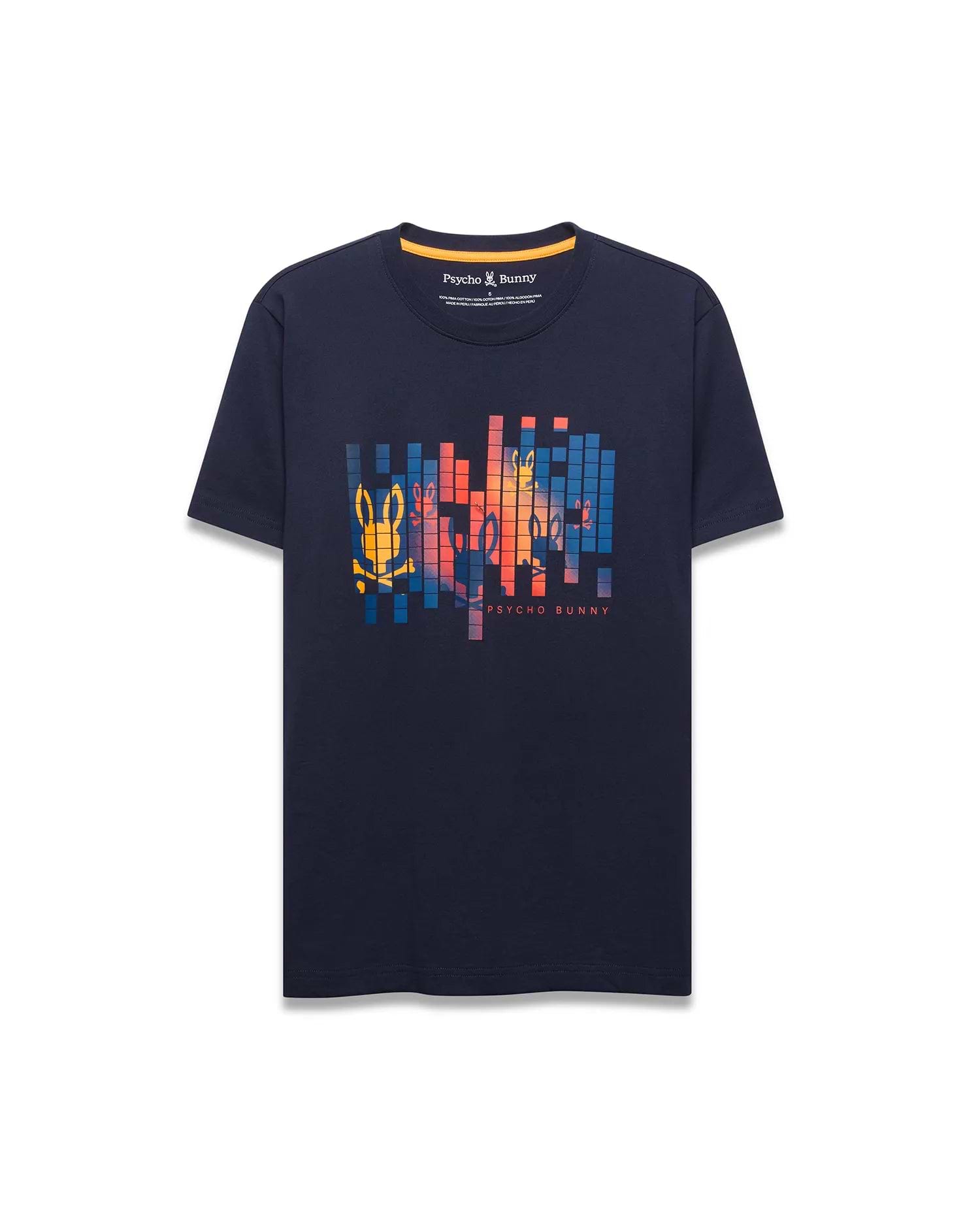 Mens Zander Graphic Tee, a navy classic fit jersey t-shirt featuring a large central pixelated graphic of multiple Psycho Bunny skull logos in vibrant orange, yellow, blue, and red, with Psycho Bunny text below.