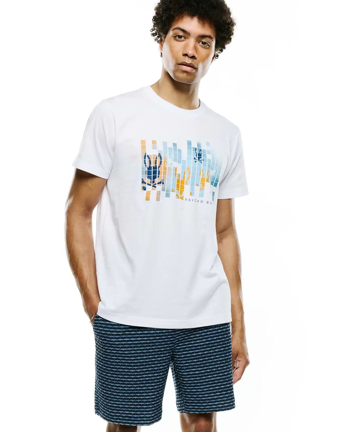 White classic fit jersey Mens Zander Graphic Tee featuring a large central pixelated graphic of the Psycho Bunny skull logo and text in orange, blue, and light blue blocks.