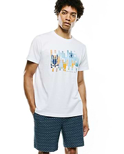 White classic fit jersey Mens Zander Graphic Tee featuring a large central pixelated graphic of the Psycho Bunny skull logo and text in orange, blue, and light blue blocks.