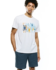 White classic fit jersey Mens Zander Graphic Tee featuring a large central pixelated graphic of the Psycho Bunny skull logo and text in orange, blue, and light blue blocks.
