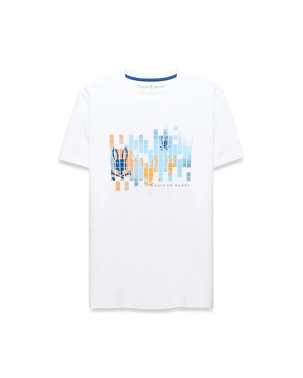 Mens Zander Graphic Tee, a white classic fit jersey t-shirt with a pixelated orange and blue chest graphic featuring the iconic bunny skull logo and Psycho Bunny text, plus a small embroidered inner collar logo.