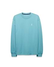 Men's Norman Longsleeve Oversized Tee in aqua blue, featuring a smooth jersey knit, an oversized fit, and a small white embroidered Psycho Bunny skull logo on the left chest with navy neck tape. (5)
