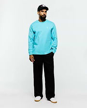 Mens Norman Long Sleeve Relaxed Fit Tee in vibrant aqua blue, crafted from smooth jersey fabric with a relaxed fit and a small white embroidered Psycho Bunny skull logo on the left chest.