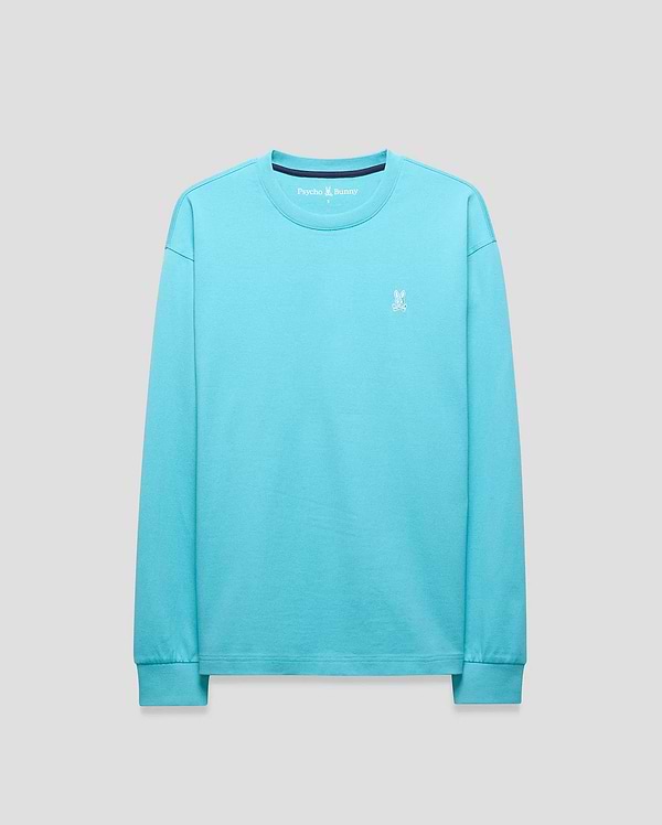 Mens Norman Long Sleeve Relaxed Fit Tee in vibrant aqua jersey knit, featuring a small white embroidered Psycho Bunny skull logo on the left chest, ribbed cuffs, and a navy inner collar.