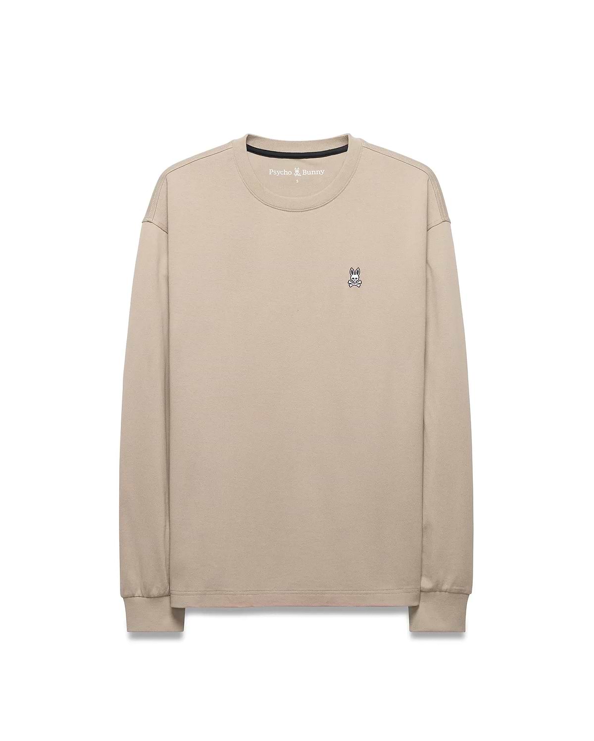 Mens Norman Long Sleeve Relaxed Fit Tee in beige, crafted from soft jersey knit, featuring a small, iconic embroidered Psycho Bunny skull logo on the left chest.