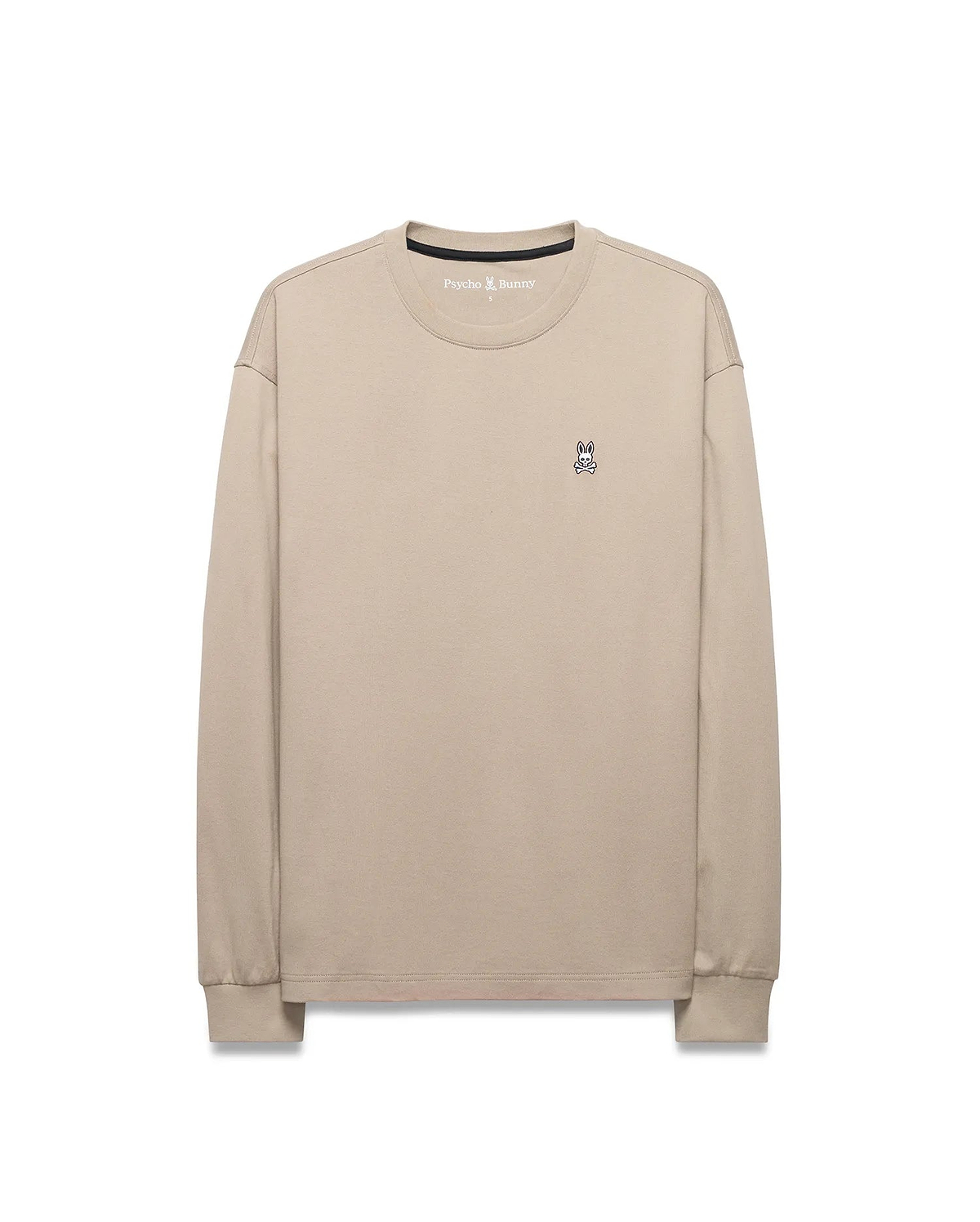 Mens Norman Long Sleeve Relaxed Fit Tee in beige, crafted from soft jersey knit, featuring a small, iconic embroidered Psycho Bunny skull logo on the left chest.