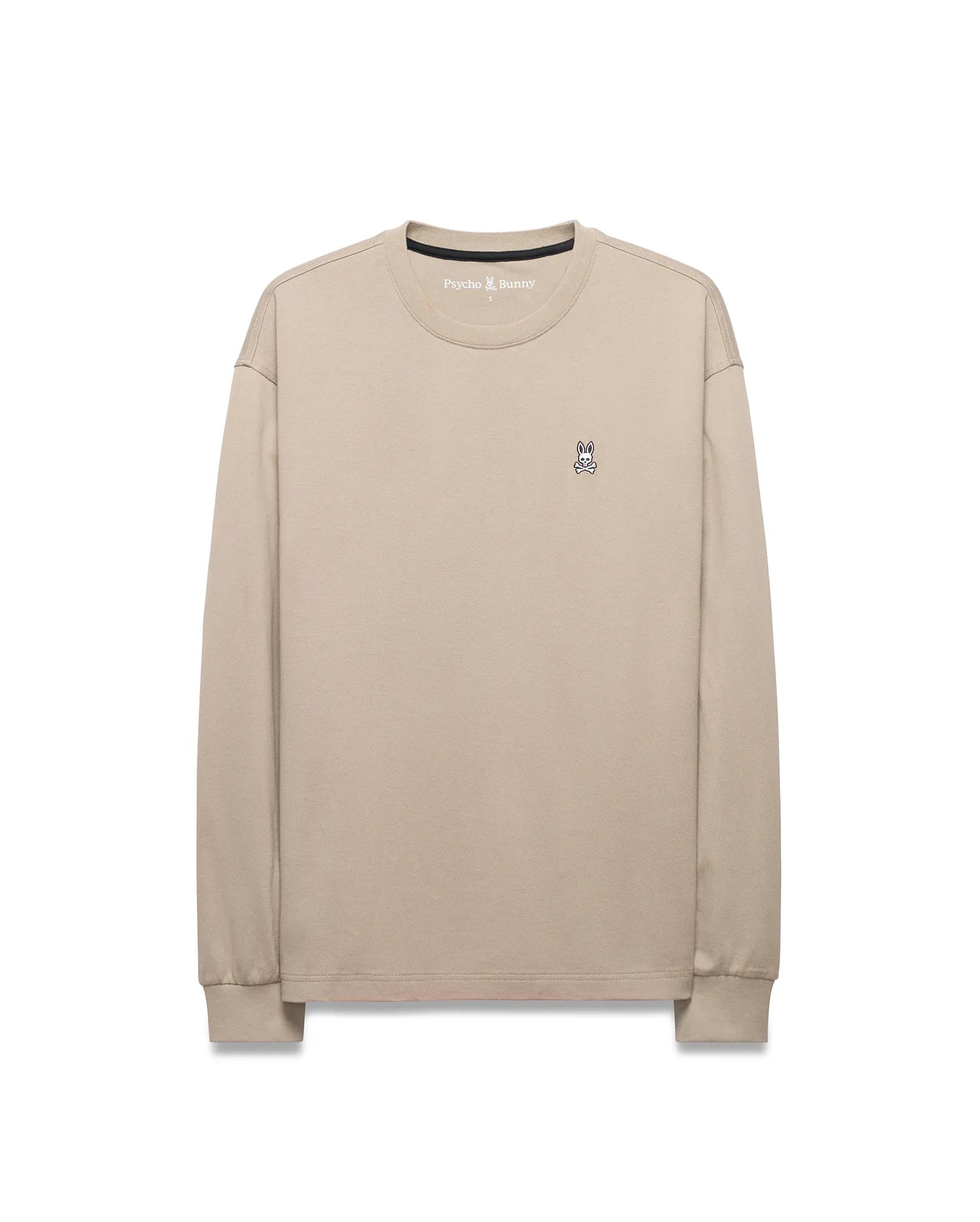 Mens Norman Long Sleeve Relaxed Fit Tee in beige, crafted from soft jersey knit, featuring a small, iconic embroidered Psycho Bunny skull logo on the left chest.