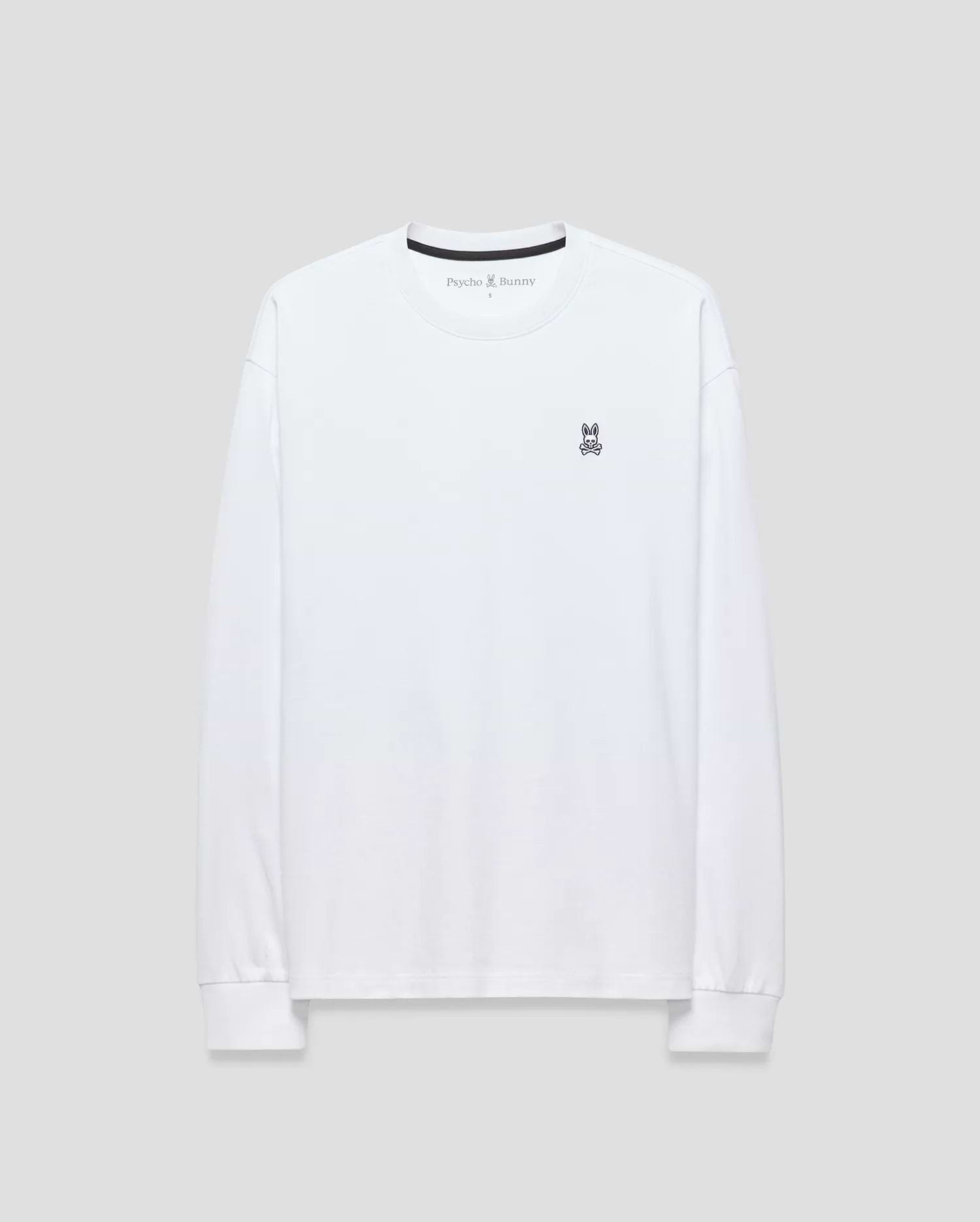 Mens Norman Long Sleeve Oversized Fit Tee in white smooth jersey, featuring a black crew neck tape with Psycho Bunny text and a small embroidered purple and black bunny skull logo on the left chest.