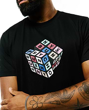 Black Mens Eddy Graphic Tee, classic fit, smooth jersey, with a large, textured 3D cube graphic on the chest spelling PSYCHO BUNNY in multi-colored blocks, featuring the iconic bunny skull logo.