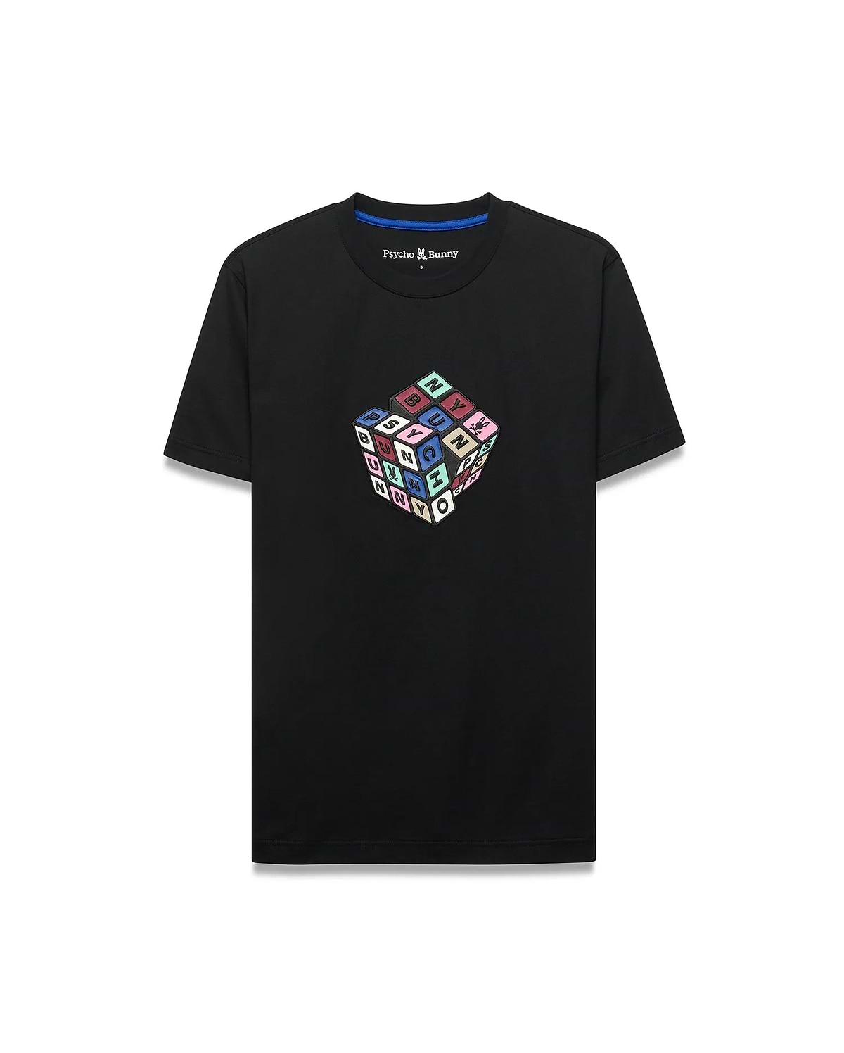 Mens Eddy Graphic Tee, black classic fit jersey t-shirt with a vibrant multicolor Rubik's Cube-style graphic spelling PSYCHO BUNNY and featuring the iconic bunny skull logo on the chest.