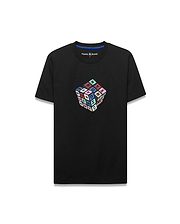 Mens Eddy Graphic Tee, black classic fit jersey t-shirt with a vibrant multicolor Rubik's Cube-style graphic spelling PSYCHO BUNNY and featuring the iconic bunny skull logo on the chest.