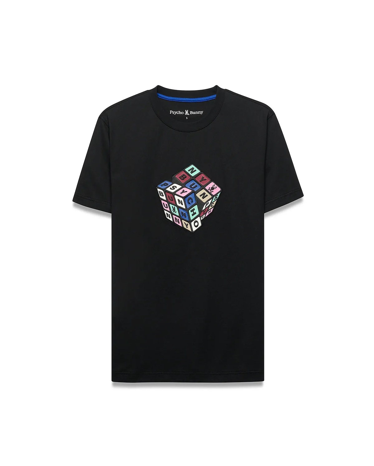 Mens Eddy Graphic Tee, black classic fit jersey t-shirt with a vibrant multicolor Rubik's Cube-style graphic spelling PSYCHO BUNNY and featuring the iconic bunny skull logo on the chest.