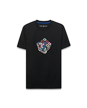 Mens Eddy Graphic Tee, black classic fit jersey t-shirt with a vibrant multicolor Rubik's Cube-style graphic spelling PSYCHO BUNNY and featuring the iconic bunny skull logo on the chest.