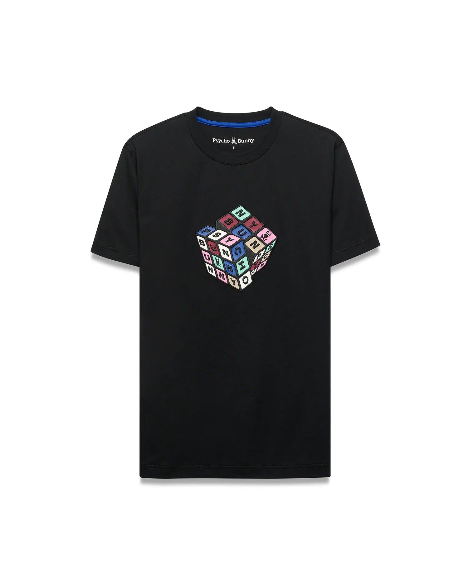 Mens Eddy Graphic Tee, black classic fit jersey t-shirt with a vibrant multicolor Rubik's Cube-style graphic spelling PSYCHO BUNNY and featuring the iconic bunny skull logo on the chest.