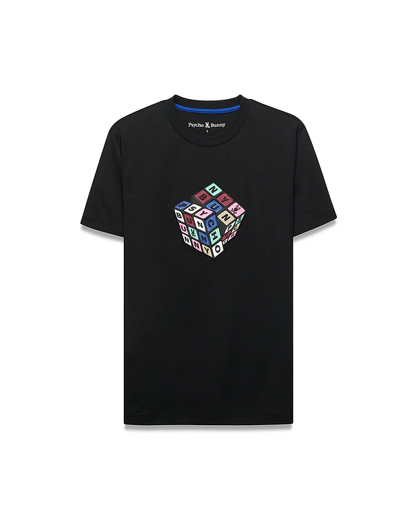 Mens Eddy Graphic Tee, black classic fit jersey t-shirt with a vibrant multicolor Rubik's Cube-style graphic spelling PSYCHO BUNNY and featuring the iconic bunny skull logo on the chest.