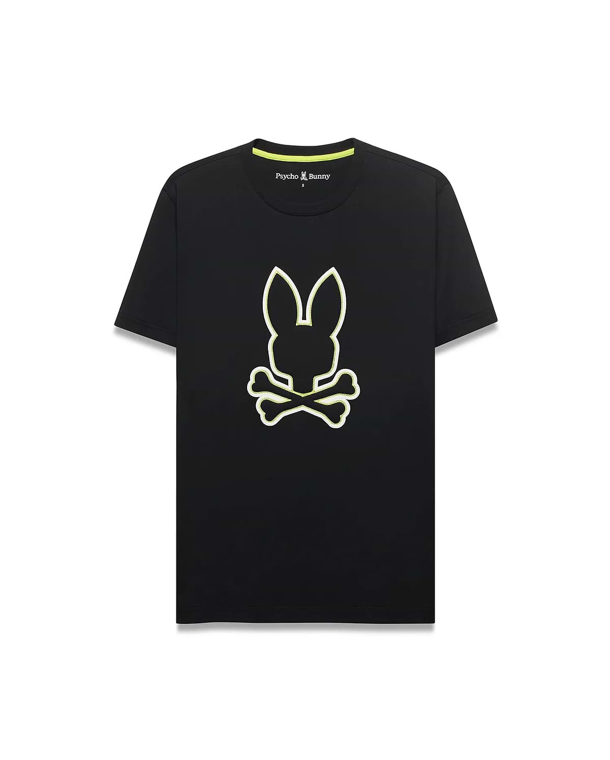 Mens Bruno Graphic Tee, a black classic fit jersey knit t-shirt with a large, central neon yellow and white outlined bunny skull logo and neon green inner neck tape.