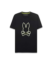 Mens Bruno Graphic Tee, a black classic fit jersey knit t-shirt with a large, central neon yellow and white outlined bunny skull logo and neon green inner neck tape.