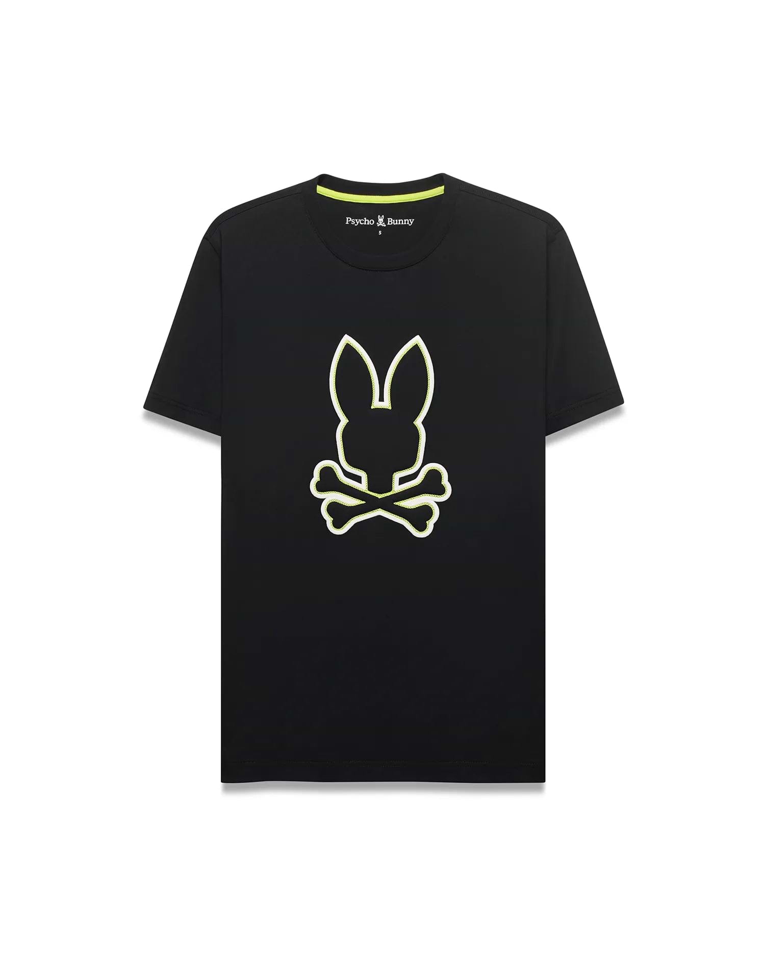 Mens Bruno Graphic Tee, a black classic fit jersey knit t-shirt with a large, central neon yellow and white outlined bunny skull logo and neon green inner neck tape.