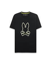 Mens Bruno Graphic Tee, a black classic fit jersey knit t-shirt with a large, central neon yellow and white outlined bunny skull logo and neon green inner neck tape.
