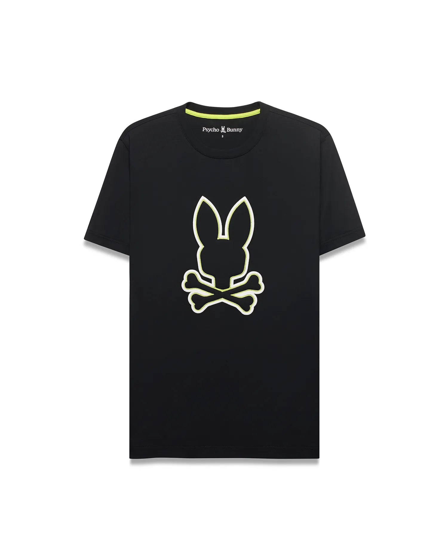 Mens Bruno Graphic Tee, a black classic fit jersey knit t-shirt with a large, central neon yellow and white outlined bunny skull logo and neon green inner neck tape.