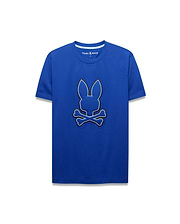 Mens Bruno Graphic Tee, royal blue classic fit jersey t-shirt with a large central embroidered Psycho Bunny skull logo featuring black and light blue outlines.