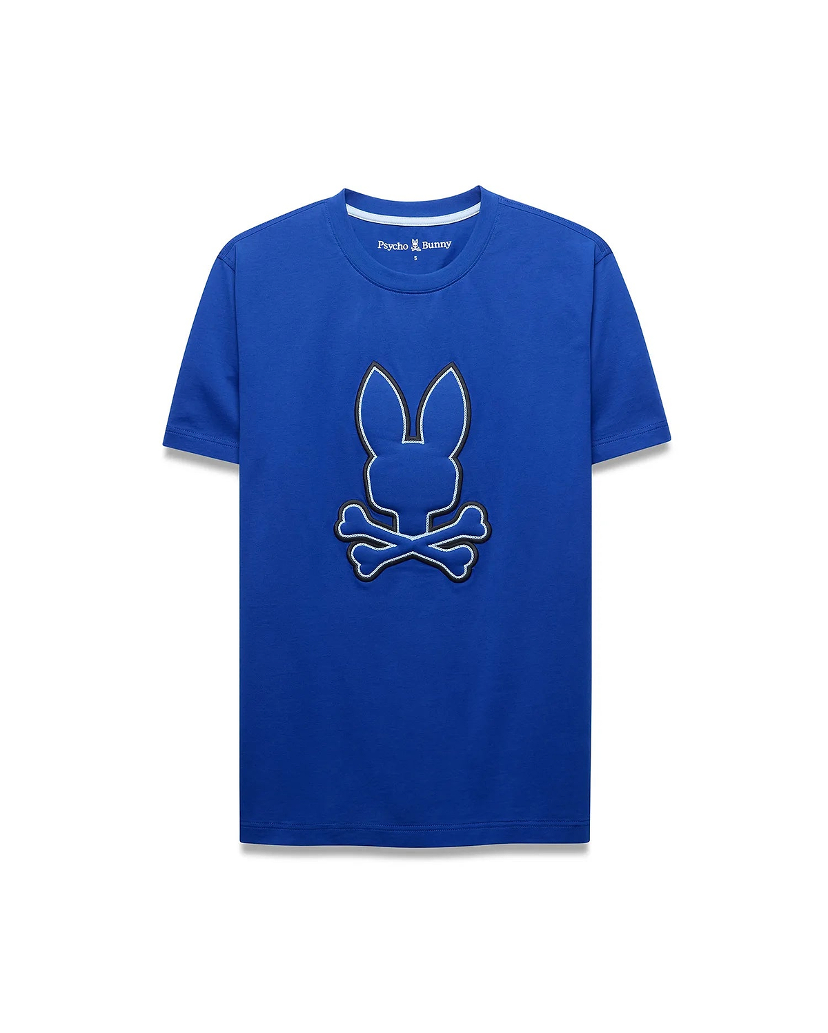Mens Bruno Graphic Tee, royal blue classic fit jersey t-shirt with a large central embroidered Psycho Bunny skull logo featuring black and light blue outlines.
