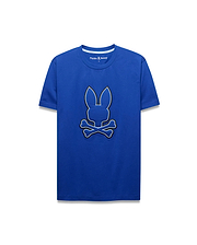 Mens Bruno Graphic Tee, royal blue classic fit jersey t-shirt with a large central embroidered Psycho Bunny skull logo featuring black and light blue outlines.