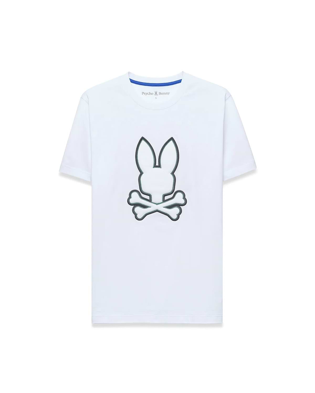 Mens Bruno Graphic Tee, white classic fit jersey t-shirt with a large central embroidered Psycho Bunny skull logo outlined in dark green and a blue inner neckline trim.