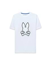 Mens Bruno Graphic Tee, white classic fit jersey t-shirt with a large central embroidered Psycho Bunny skull logo outlined in dark green and a blue inner neckline trim.