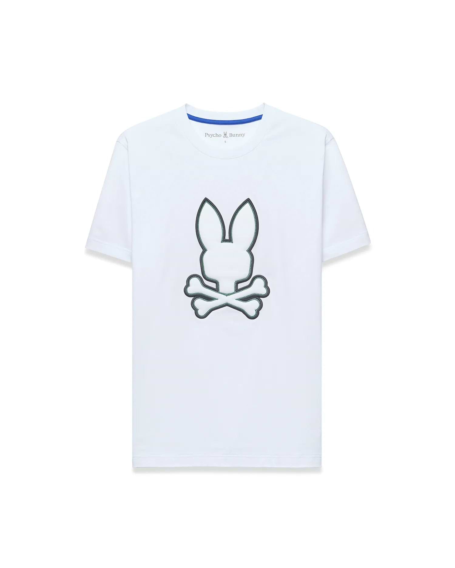 Mens Bruno Graphic Tee, white classic fit jersey t-shirt with a large central embroidered Psycho Bunny skull logo outlined in dark green and a blue inner neckline trim.
