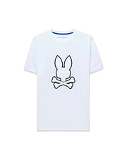 Mens Bruno Graphic Tee, white classic fit jersey t-shirt with a large central embroidered Psycho Bunny skull logo outlined in dark green and a blue inner neckline trim.