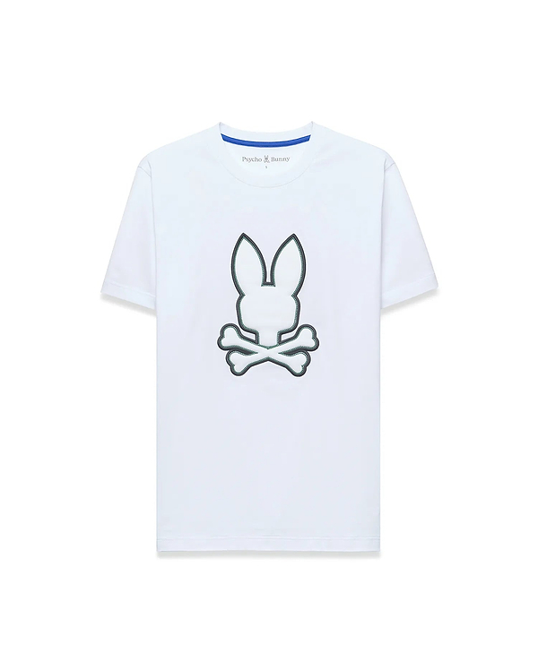 Mens Bruno Graphic Tee, white classic fit jersey t-shirt with a large central embroidered Psycho Bunny skull logo outlined in dark green and a blue inner neckline trim.