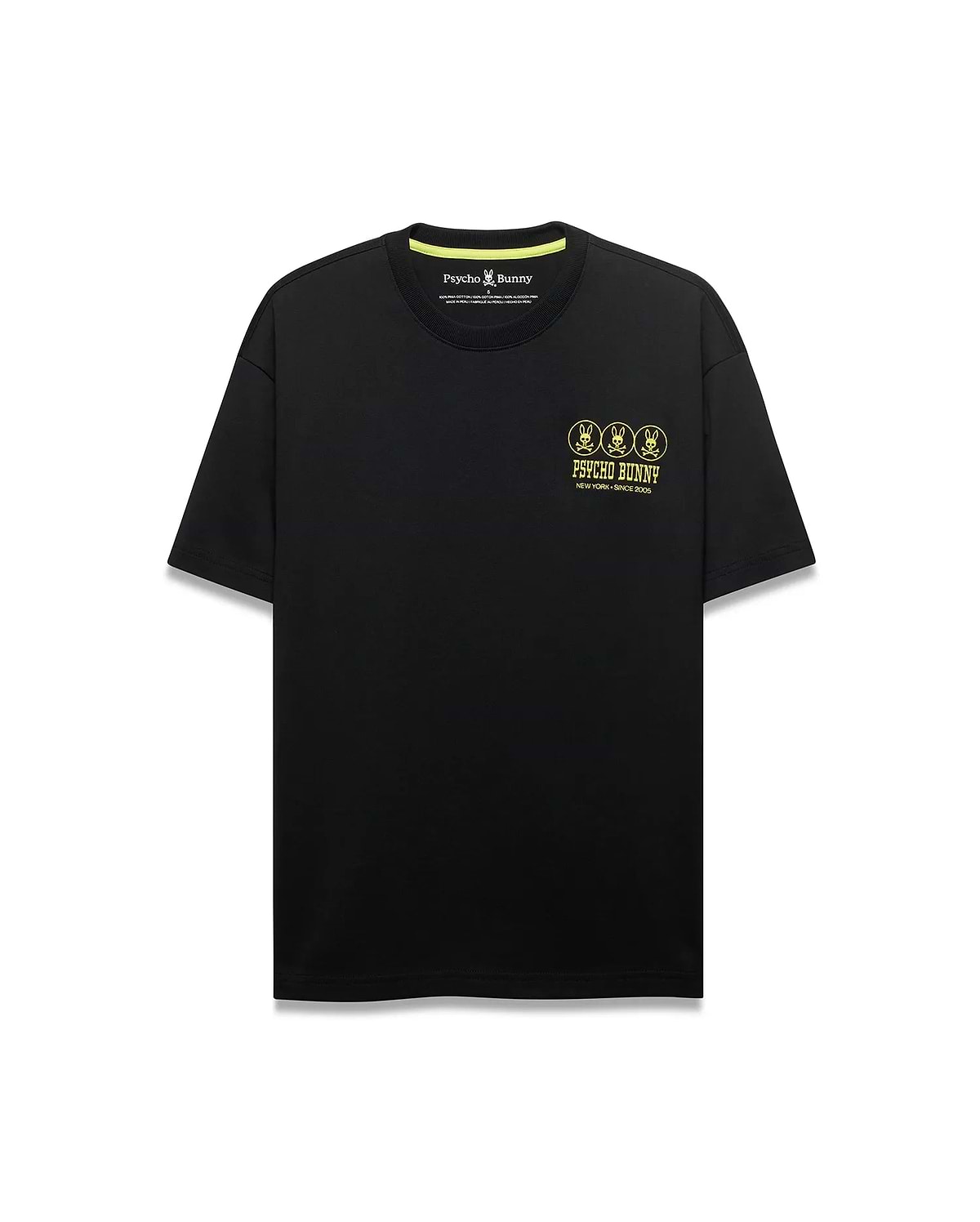 Men's Nathaniel Oversized Pima Tee, black with an oversized fit, featuring a neon yellow chest print of three circular Psycho Bunny skull logos, Psycho Bunny text, and New York Since 2005, accented by a neon yellow inner collar stripe.