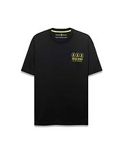 Men's Nathaniel Oversized Pima Tee, black with an oversized fit, featuring a neon yellow chest print of three circular Psycho Bunny skull logos, Psycho Bunny text, and New York Since 2005, accented by a neon yellow inner collar stripe.