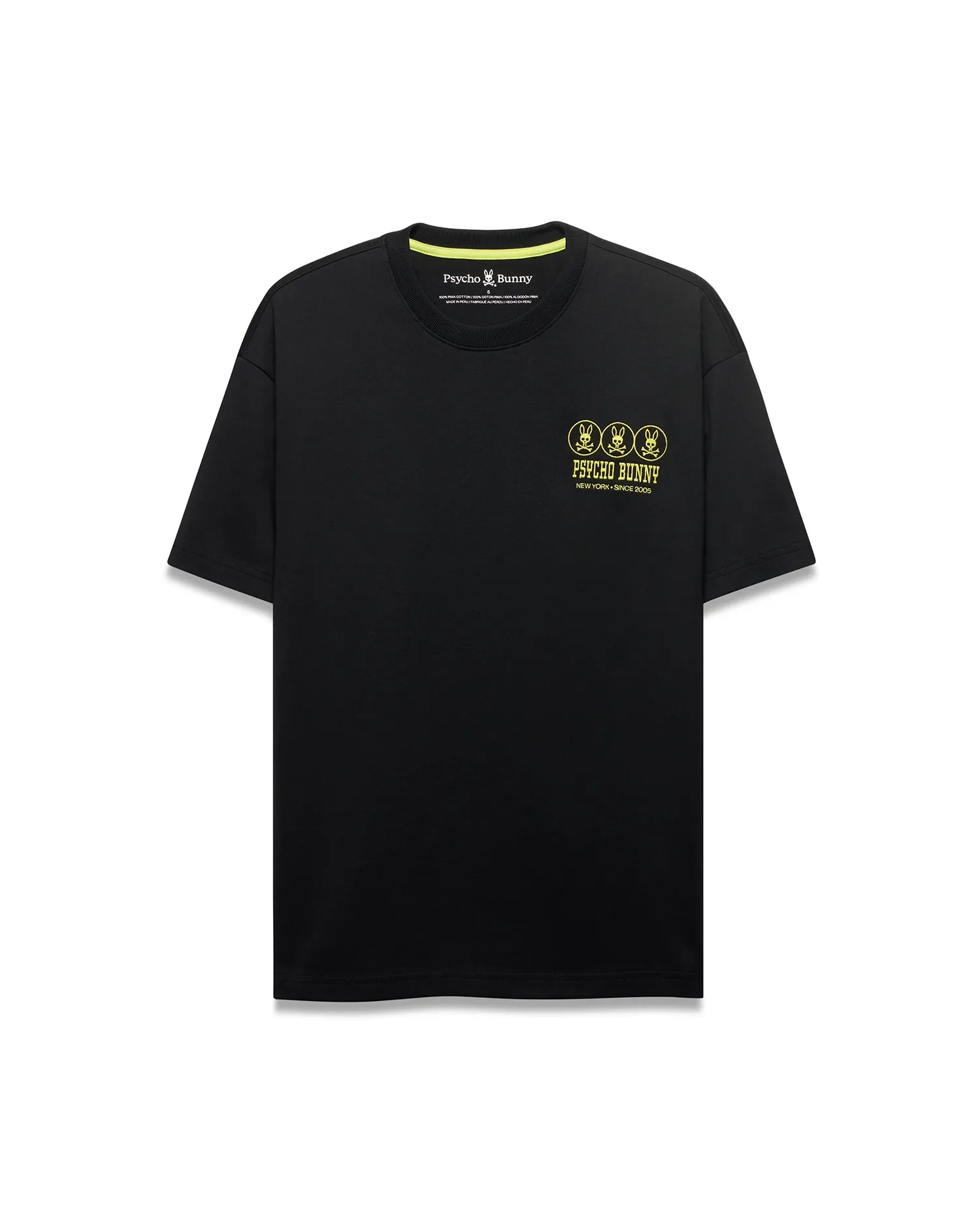 Men's Nathaniel Oversized Pima Tee, black with an oversized fit, featuring a neon yellow chest print of three circular Psycho Bunny skull logos, Psycho Bunny text, and New York Since 2005, accented by a neon yellow inner collar stripe.
