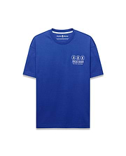 Mens Nathaniel Relaxed Fit Tee, a vibrant royal blue jersey t-shirt with a white center chest graphic featuring three Psycho Bunny skull logos, brand name, and New York Since 2005 text.