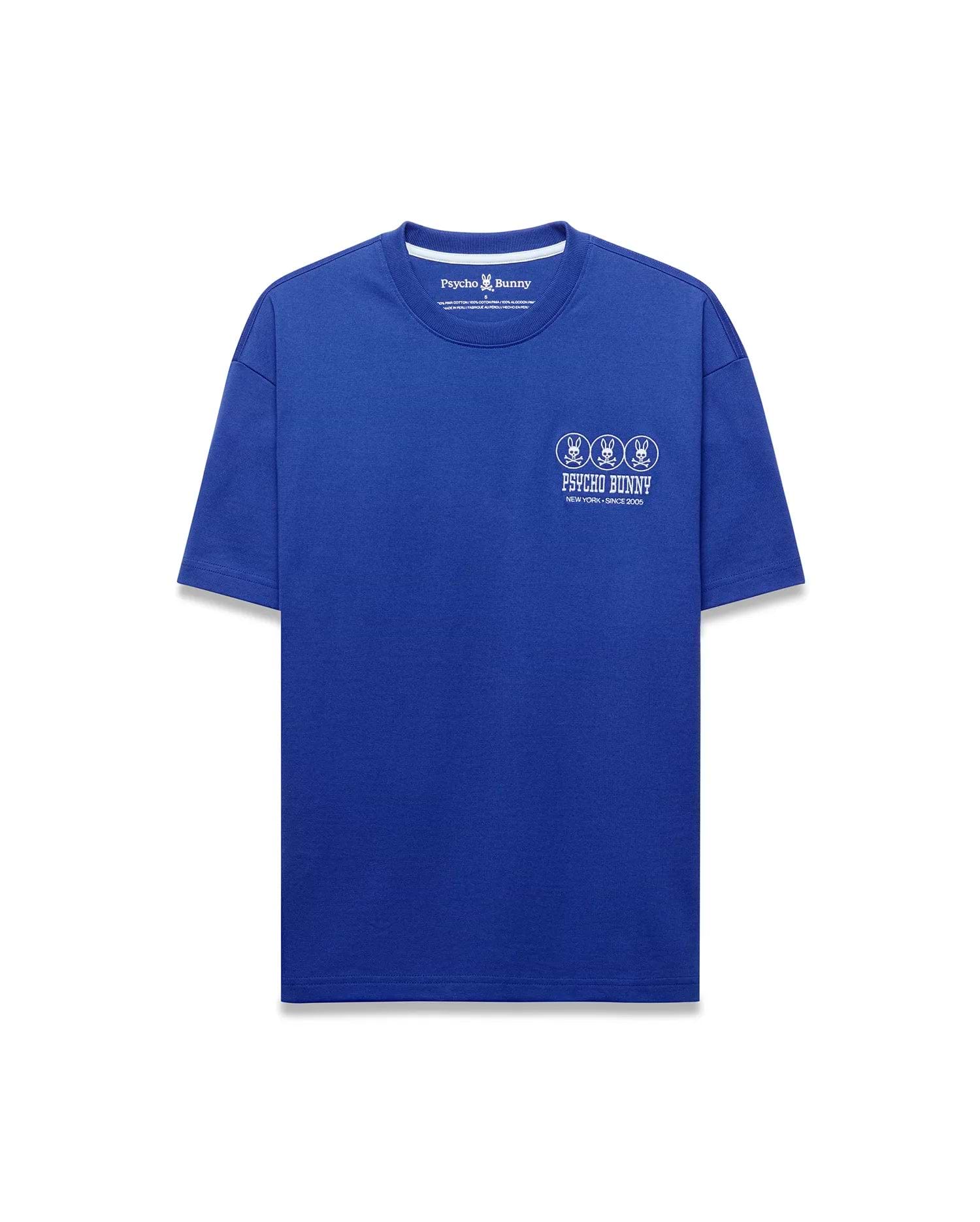 Mens Nathaniel Relaxed Fit Tee, a vibrant royal blue jersey t-shirt with a white center chest graphic featuring three Psycho Bunny skull logos, brand name, and New York Since 2005 text.