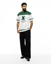 Mens Mike Graphic Jersey Tee, a white and green color block jersey t-shirt with a large central green Psycho Bunny skull and globe graphic, featuring striped sleeves and a classic fit.
