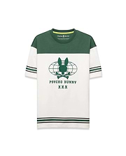 Mens Mike Graphic Jersey Tee, classic fit, with a green color block upper and white lower body. Features a large central green Psycho Bunny skull globe graphic, plus green and black striped sleeves and hem.