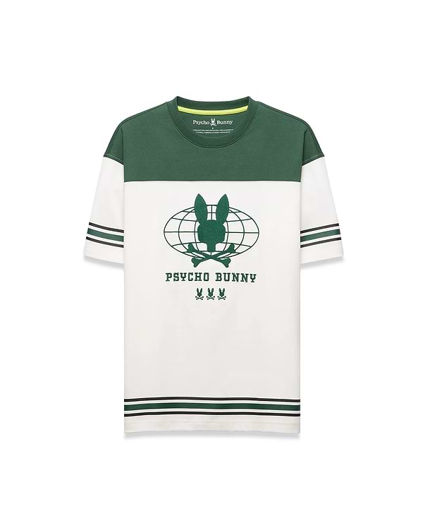 Mens Mike Graphic Jersey Tee, classic fit, with a green color block upper and white lower body. Features a large central green Psycho Bunny skull globe graphic, plus green and black striped sleeves and hem.