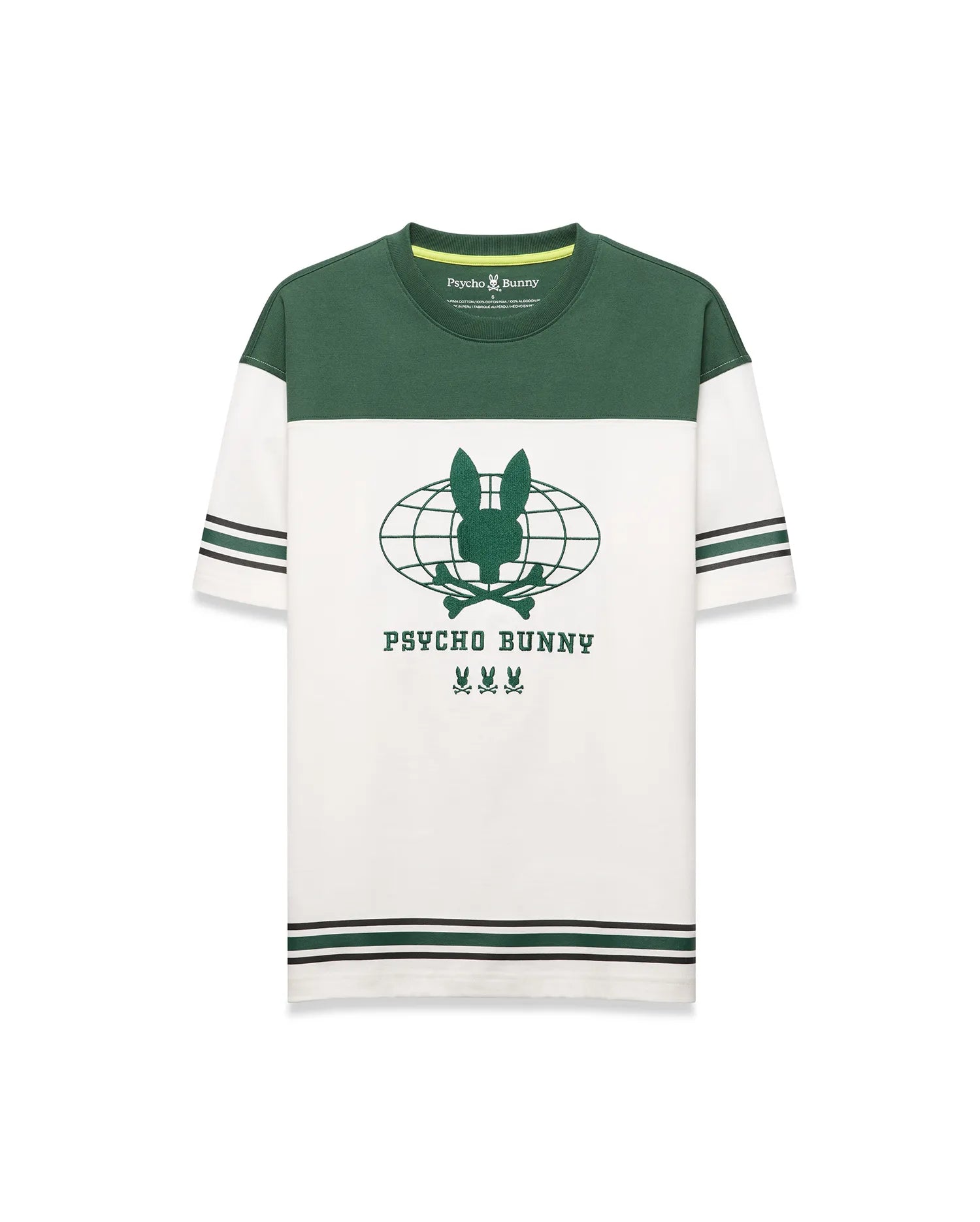 Mens Mike Graphic Jersey Tee, classic fit, with a green color block upper and white lower body. Features a large central green Psycho Bunny skull globe graphic, plus green and black striped sleeves and hem.