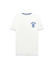 White jersey Mens Nathaniel Back Graphic Tee, classic fit, with a small embroidered Psycho Bunny logo on the chest and a bold blue arched Psycho Bunny skull graphic on the front, featuring blue neck tape.
