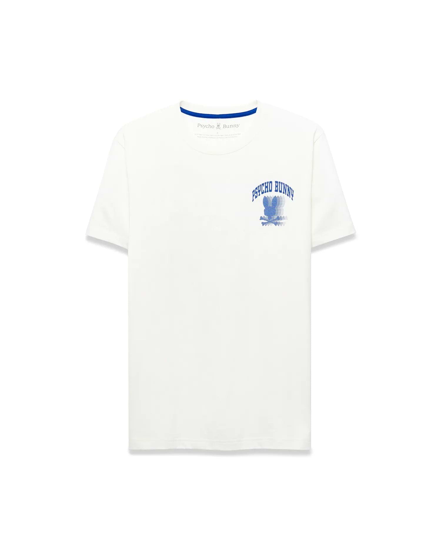 White jersey Mens Nathaniel Back Graphic Tee, classic fit, with a small embroidered Psycho Bunny logo on the chest and a bold blue arched Psycho Bunny skull graphic on the front, featuring blue neck tape.