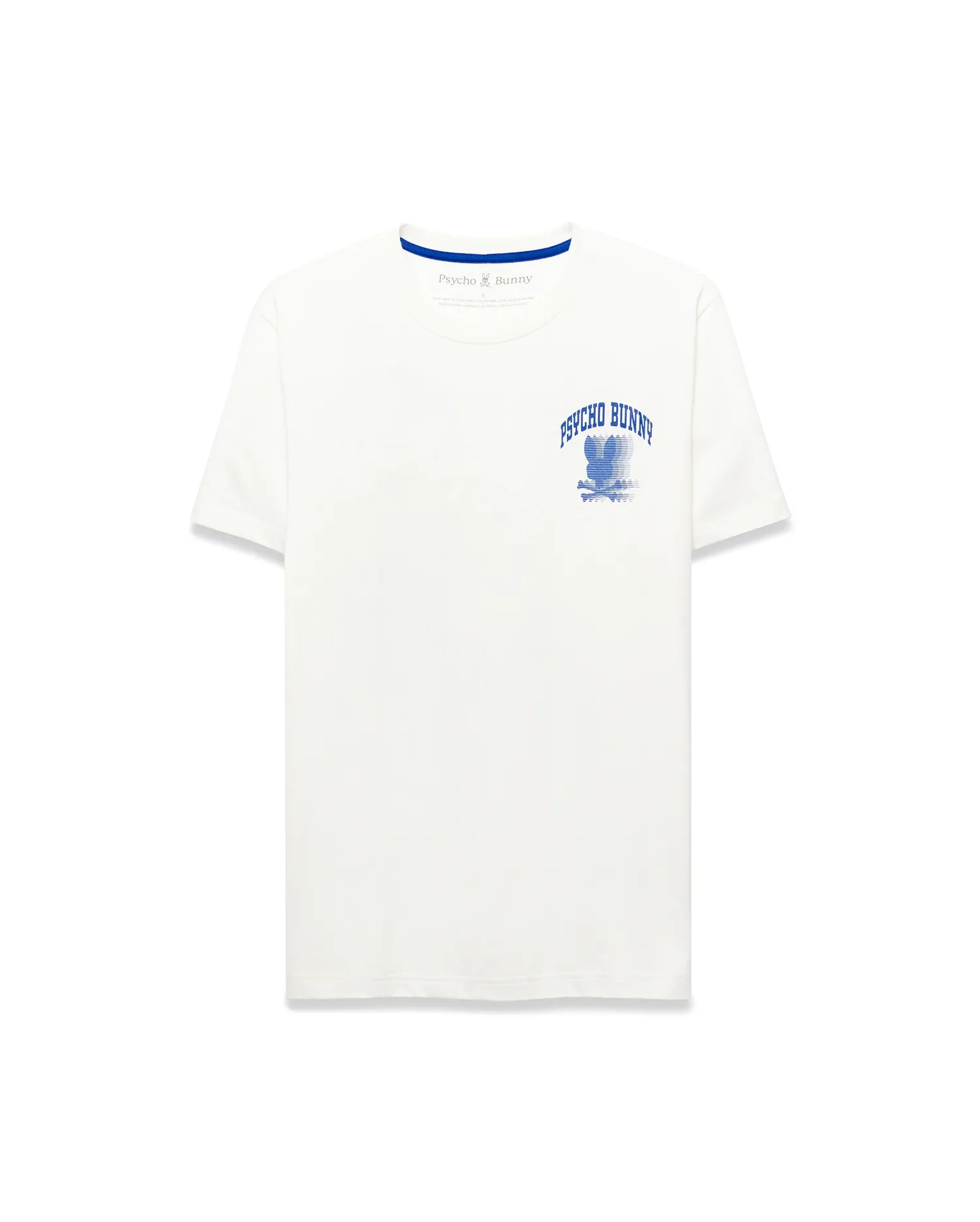 White jersey Mens Nathaniel Back Graphic Tee, classic fit, with a small embroidered Psycho Bunny logo on the chest and a bold blue arched Psycho Bunny skull graphic on the front, featuring blue neck tape.