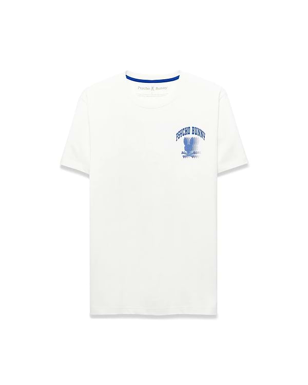 White jersey Mens Nathaniel Back Graphic Tee, classic fit, with a small embroidered Psycho Bunny logo on the chest and a bold blue arched Psycho Bunny skull graphic on the front, featuring blue neck tape.