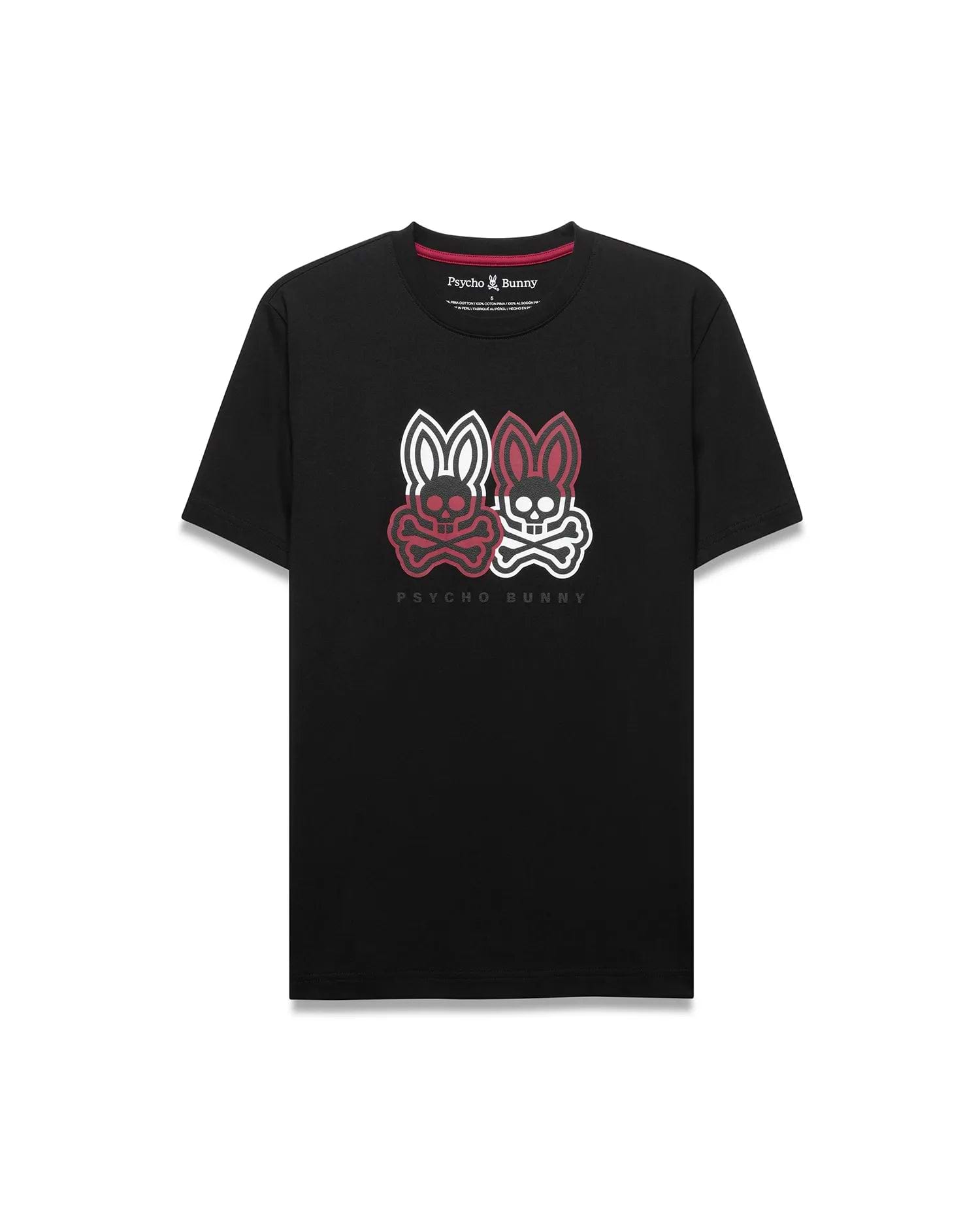 Mens Ledger Graphic Tee in black jersey, classic fit, with a large central chest graphic featuring two red and white Psycho Bunny skull logos with crossbones and Psycho Bunny text.