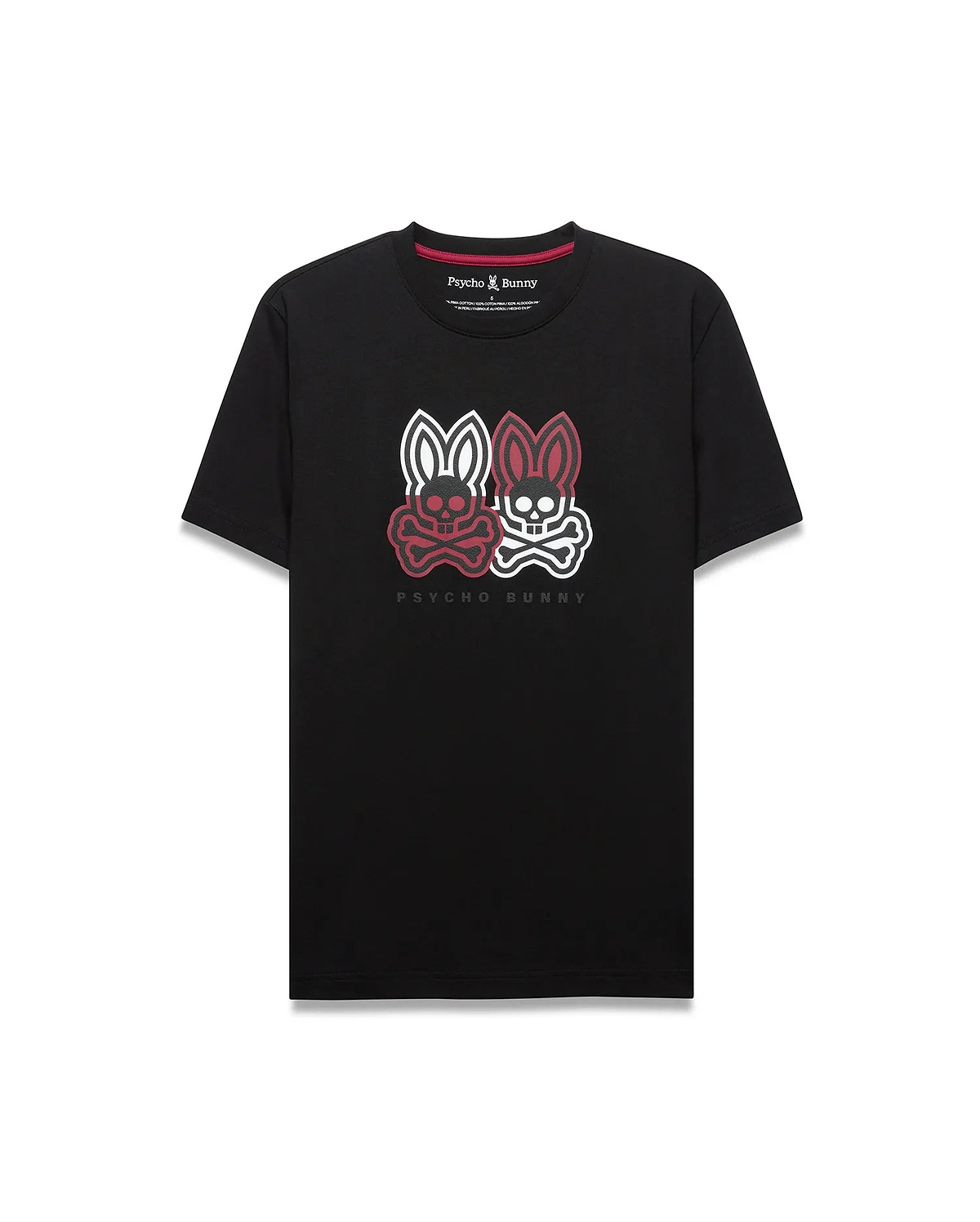 Mens Ledger Graphic Tee in black jersey, classic fit, with a large central chest graphic featuring two red and white Psycho Bunny skull logos with crossbones and Psycho Bunny text.