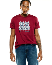 Mens Ledger Graphic Tee, a classic fit maroon jersey t-shirt with a large white and dark blue Psycho Bunny skull and crossbones graphic print on the center chest.