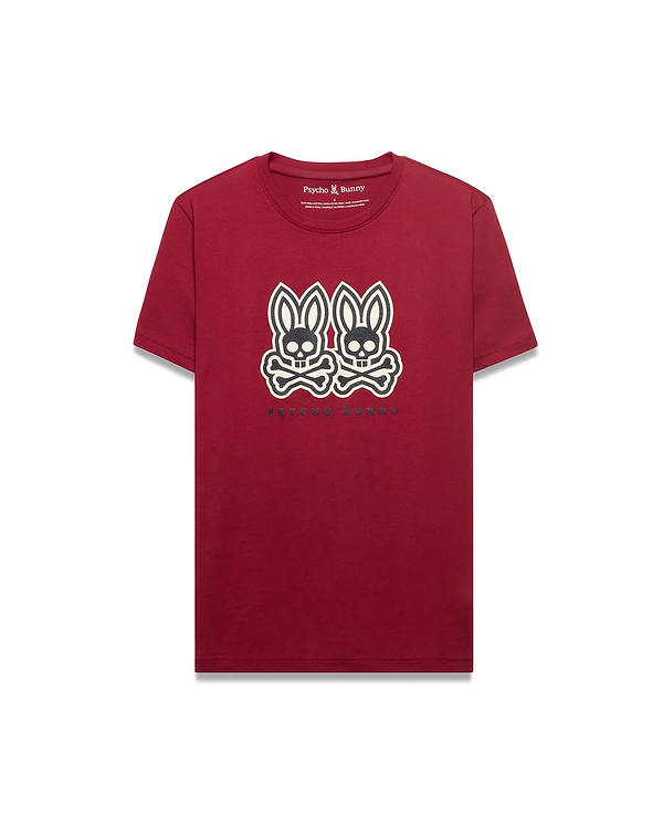 Mens Ledger Graphic Tee, a classic fit deep red jersey t-shirt featuring a large black and white double Psycho Bunny skull graphic print with Psycho Bunny text on the center chest.