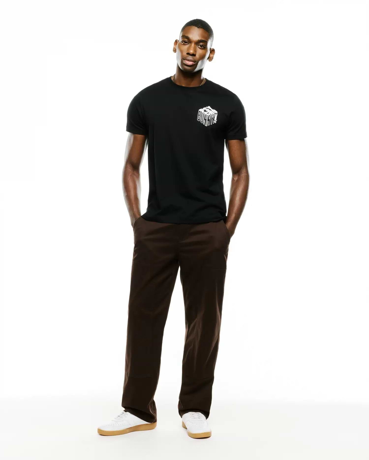 Men's Conan Pima Back Graphic Tee, a classic fit black Pima cotton jersey t-shirt featuring a small white stylized Psycho Bunny! 3D box graphic on the left chest.